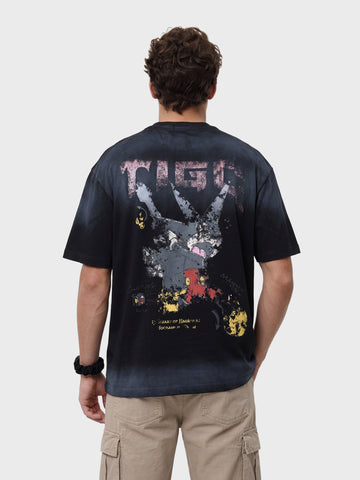 Men's Black Relaxed Fit Graphic Printed 240 GSM Street Wear T-Shirt