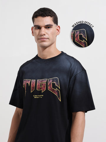 Men's Black Relaxed Fit Graphic Street Wear T-Shirt