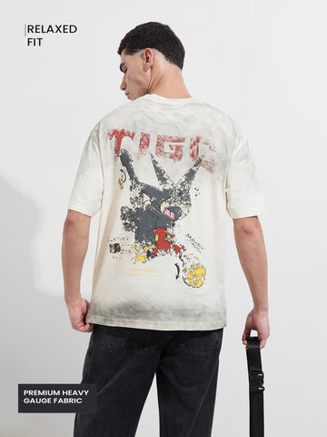 Men's Cream Relaxed Fit Graphic Printed 240 GSM Street Wear T-Shirt