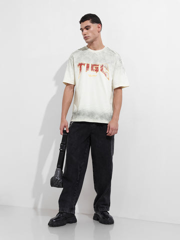 Men's Cream Relaxed Fit Graphic Printed 240 GSM Street Wear T-Shirt