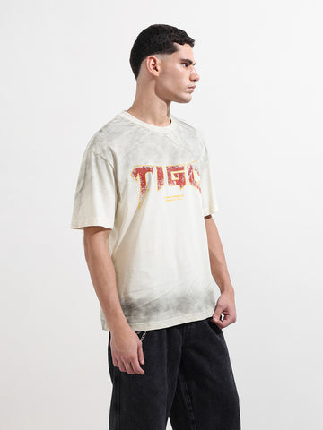 Men's Cream Relaxed Fit Graphic Printed 240 GSM Street Wear T-Shirt