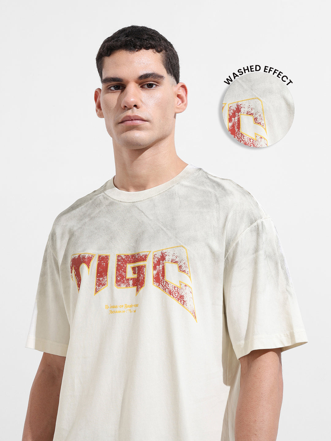 Men's Cream Relaxed Fit Graphic Street Wear T-Shirt