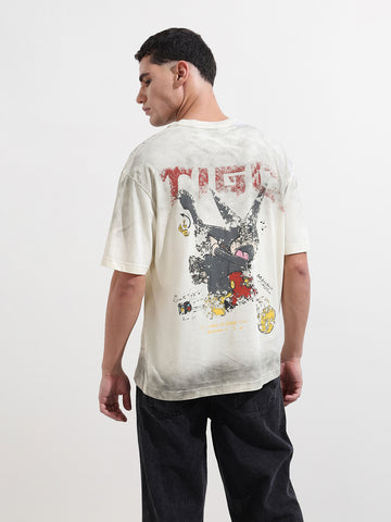 Men's Cream Relaxed Fit Graphic Printed 240 GSM Street Wear T-Shirt