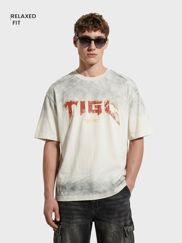 Men's Cream Relaxed Fit Graphic Printed 240 GSM Street Wear T-Shirt