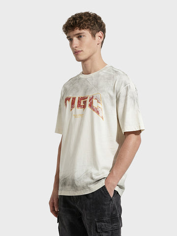 Men's Cream Relaxed Fit Graphic Printed 240 GSM Street Wear T-Shirt