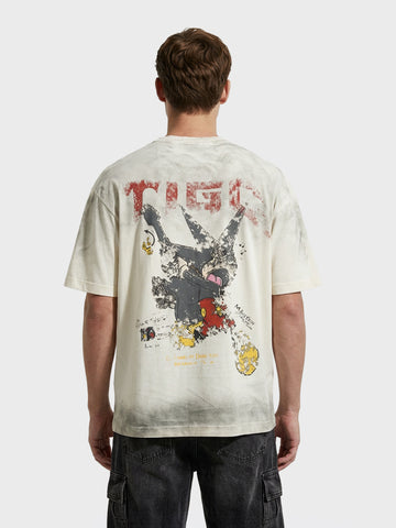 Men's Cream Relaxed Fit Graphic Printed 240 GSM Street Wear T-Shirt