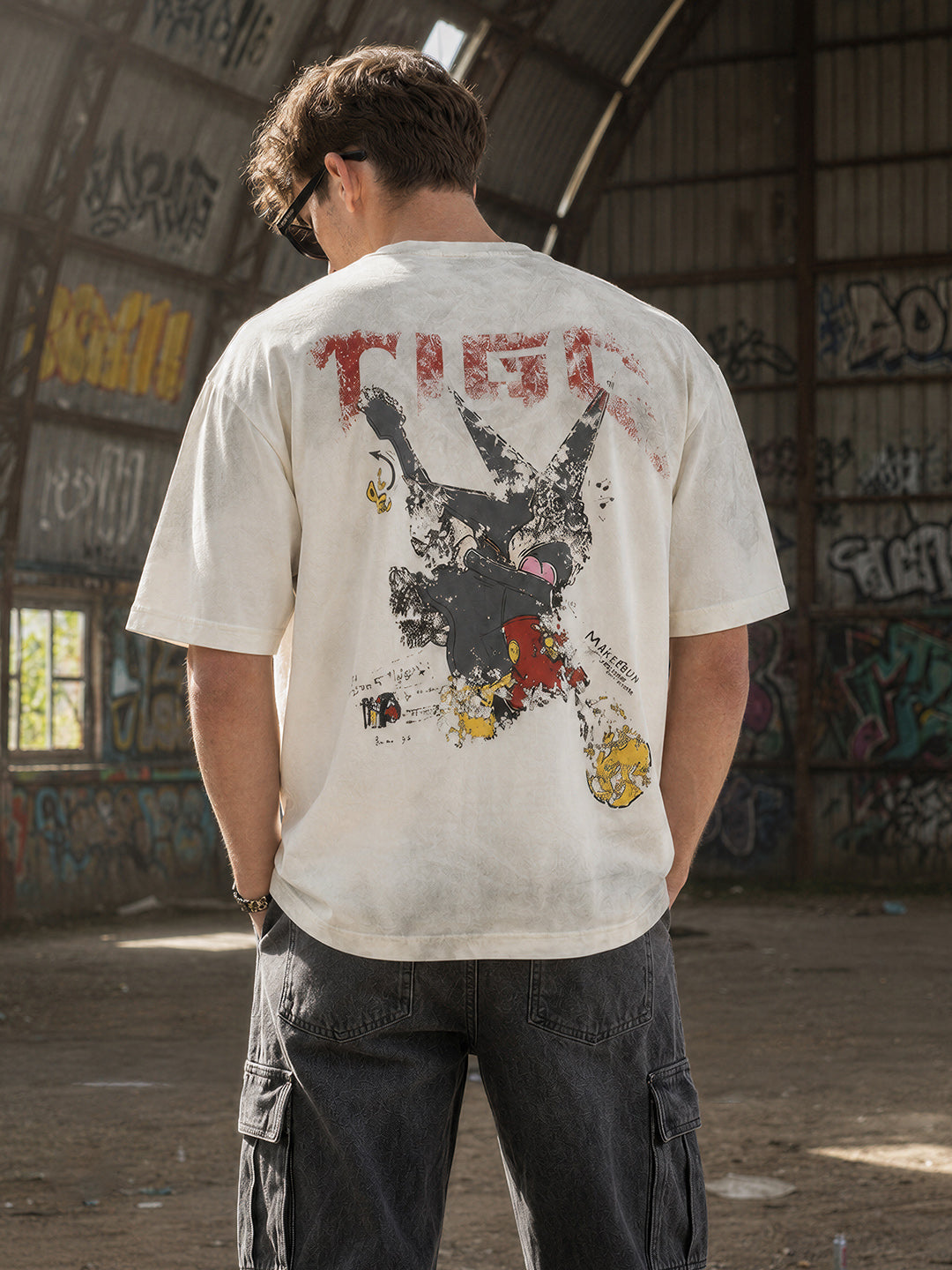 Men's Cream Relaxed Fit Graphic Printed 240 GSM Street Wear T-Shirt