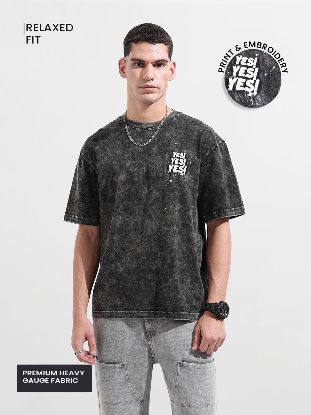 Men's Black Relaxed Fit Graphic Street Wear T-Shirt