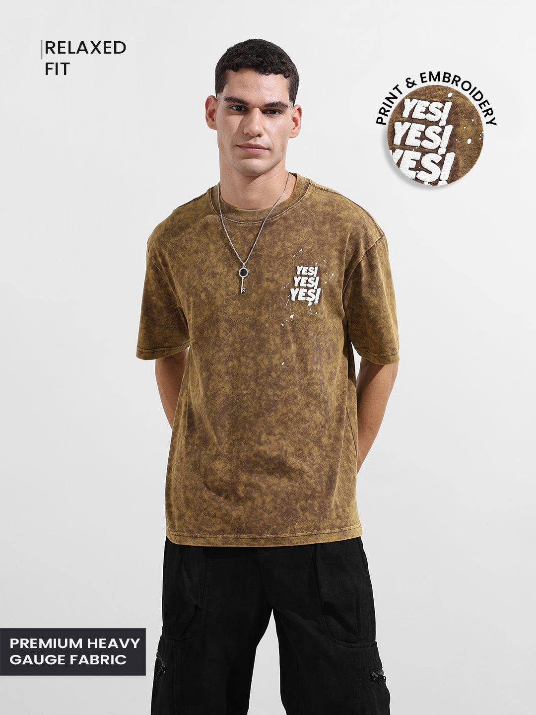 Men's Yellow Relaxed Fit Graphic Street Wear T-Shirt