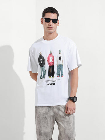 Men's White Relaxed Fit Graphic Street Wear T-Shirt