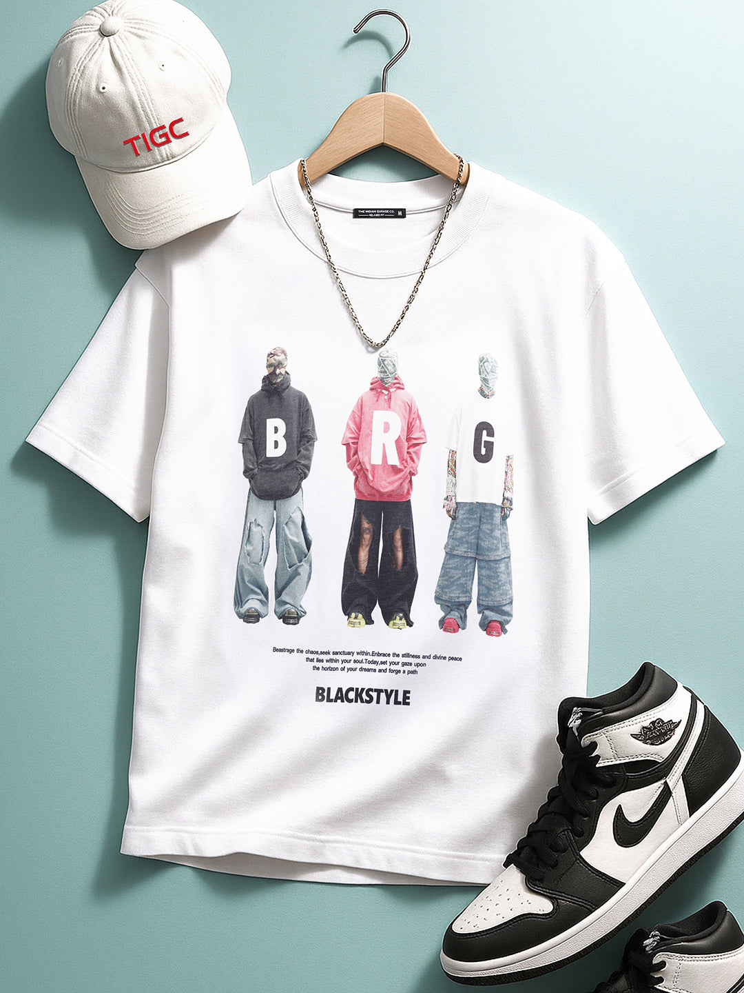 Men's White Relaxed Fit Graphic Printed 240 GSM Street Wear T-Shirt