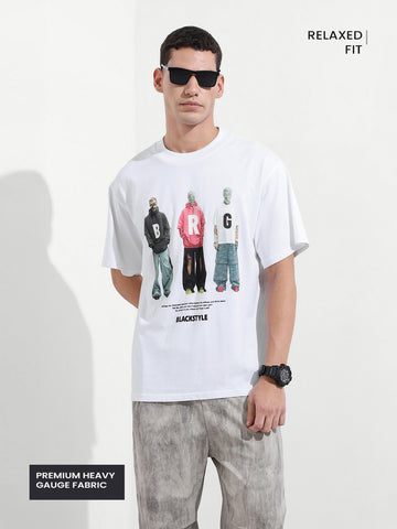 Men's White Relaxed Fit Graphic Printed 240 GSM Street Wear T-Shirt