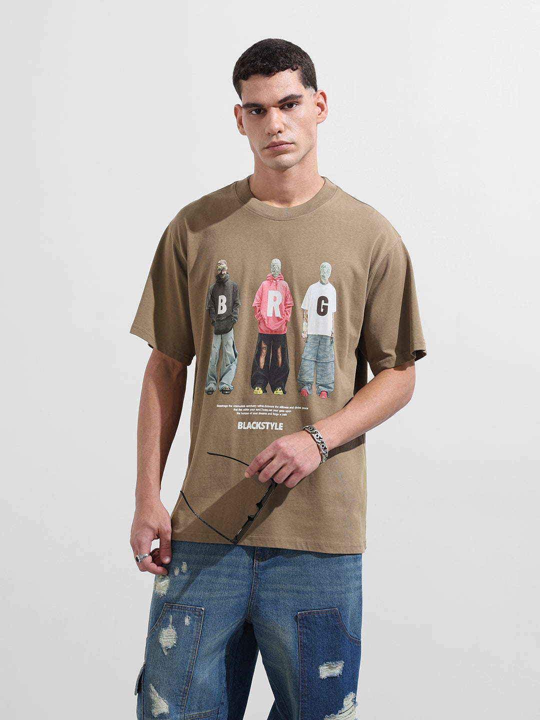 Men's Green Relaxed Fit Graphic Street Wear T-Shirt