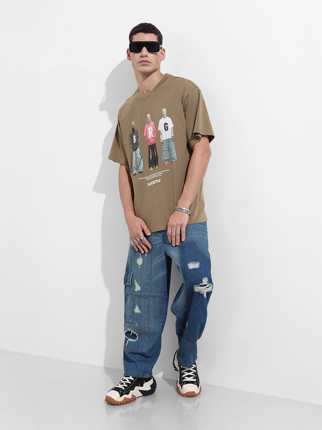 Men's Green Relaxed Fit Graphic Street Wear T-Shirt