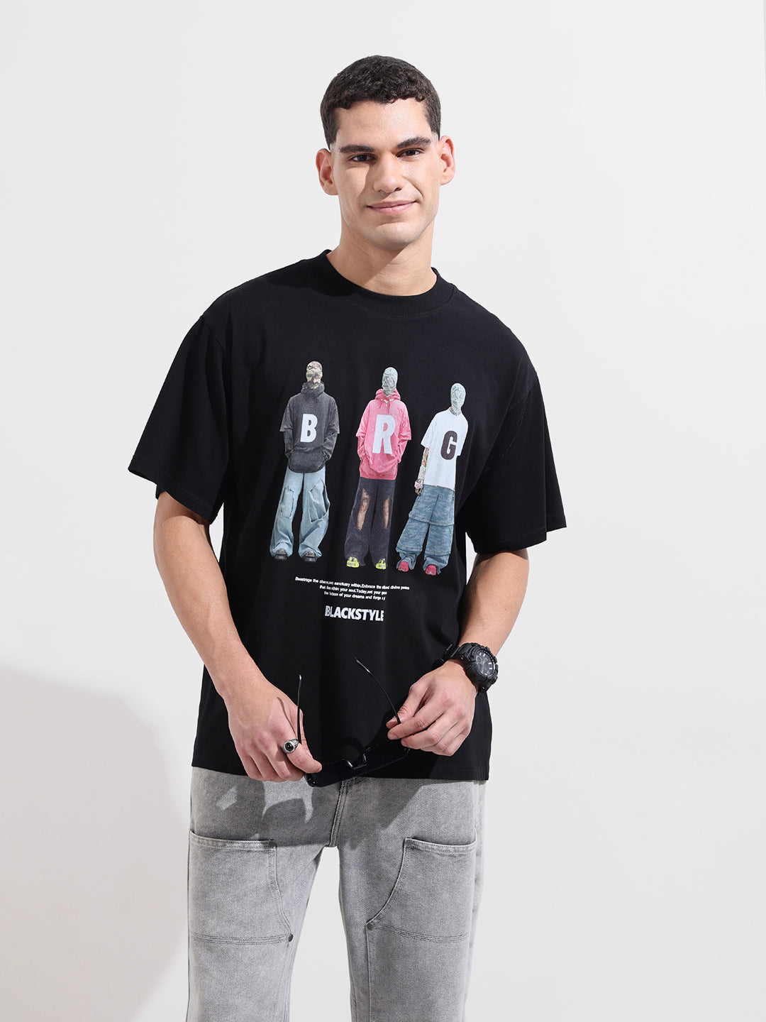 Men's Black Relaxed Fit Graphic Street Wear T-Shirt