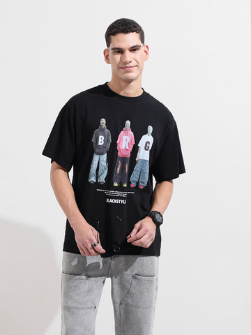 Men's Black Relaxed Fit Graphic Street Wear T-Shirt