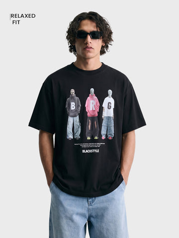 Men's Black Relaxed Fit Graphic Printed 240 GSM Street Wear T-Shirt