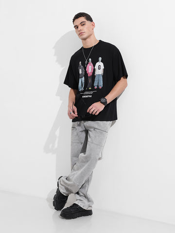 Men's Black Relaxed Fit Graphic Street Wear T-Shirt