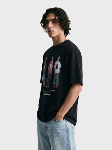 Men's Black Relaxed Fit Graphic Printed 240 GSM Street Wear T-Shirt