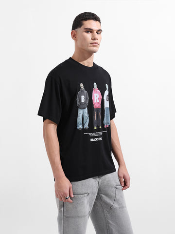 Men's Black Relaxed Fit Graphic Street Wear T-Shirt