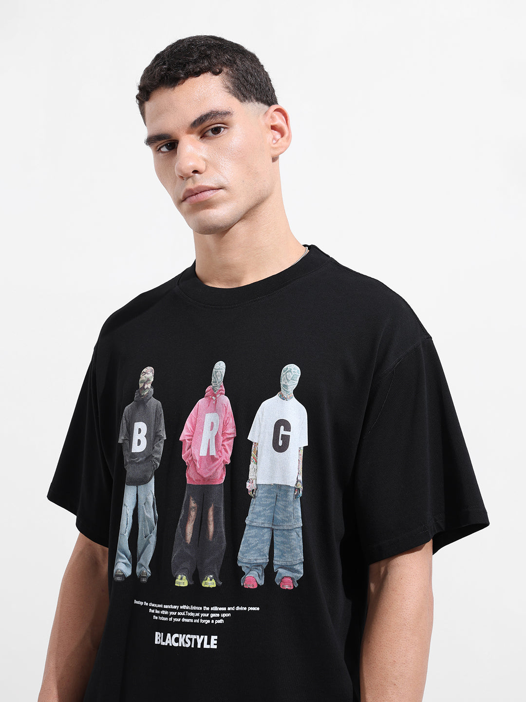 Men's Black Relaxed Fit Graphic Street Wear T-Shirt