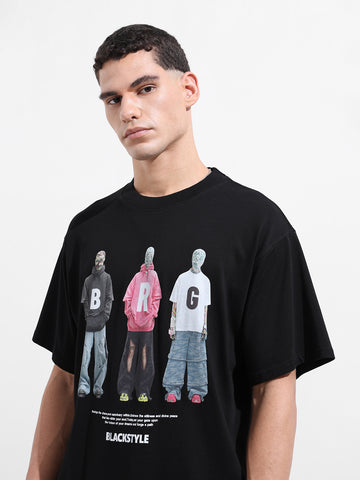 Men's Black Relaxed Fit Graphic Street Wear T-Shirt