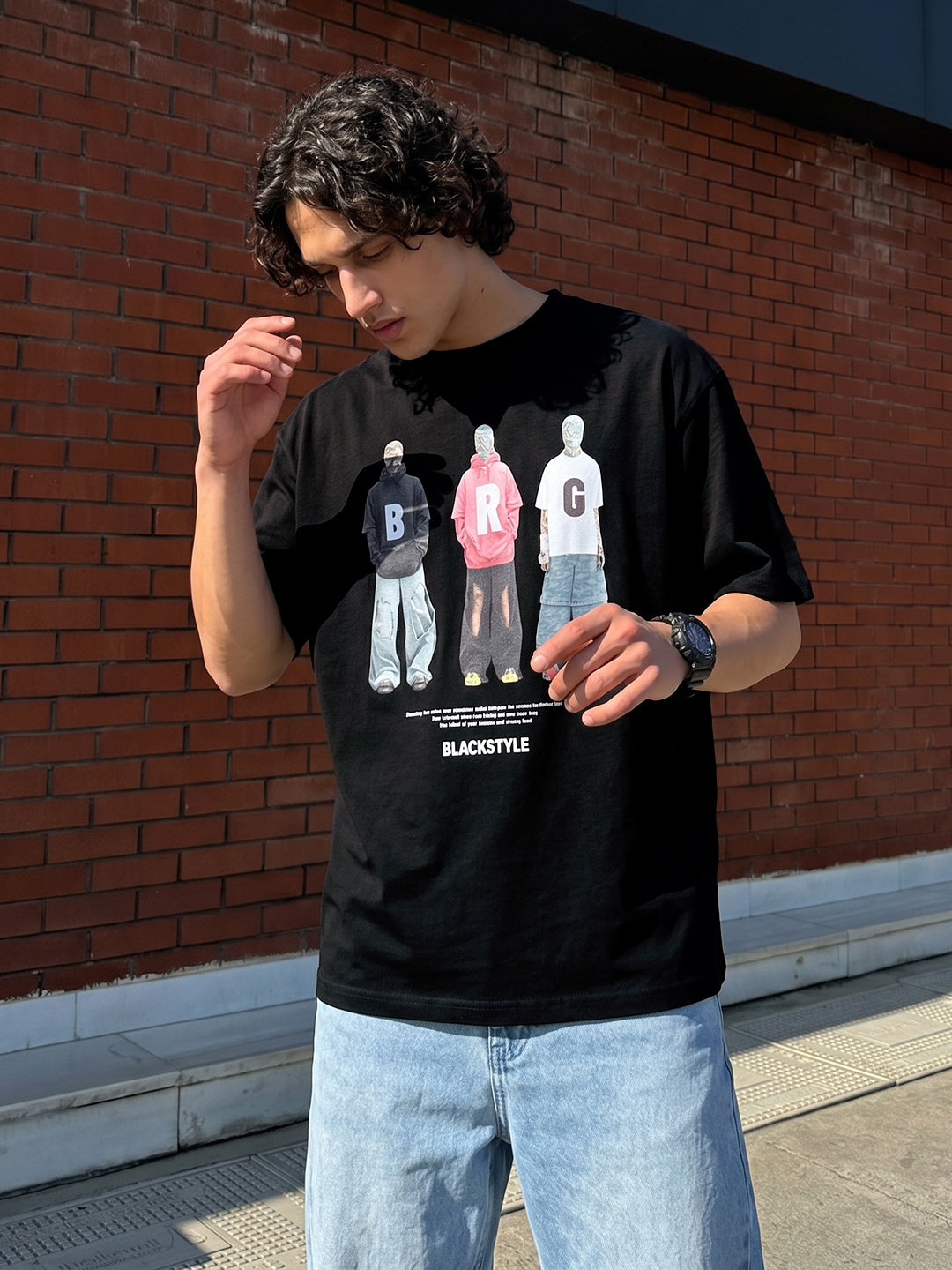 Men's Black Relaxed Fit Graphic Printed 240 GSM Street Wear T-Shirt