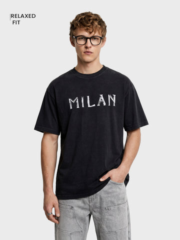 Men's Black Relaxed Fit Graphic Printed 240 GSM Street Wear T-Shirt
