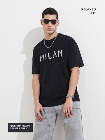 Men's Black Relaxed Fit Graphic Printed 240 GSM Street Wear T-Shirt