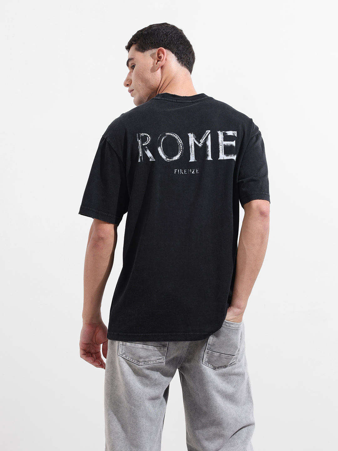 Men's Black Relaxed Fit Graphic Street Wear T-Shirt