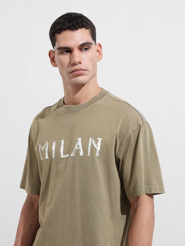 Men's Green Relaxed Fit Graphic Street Wear T-Shirt