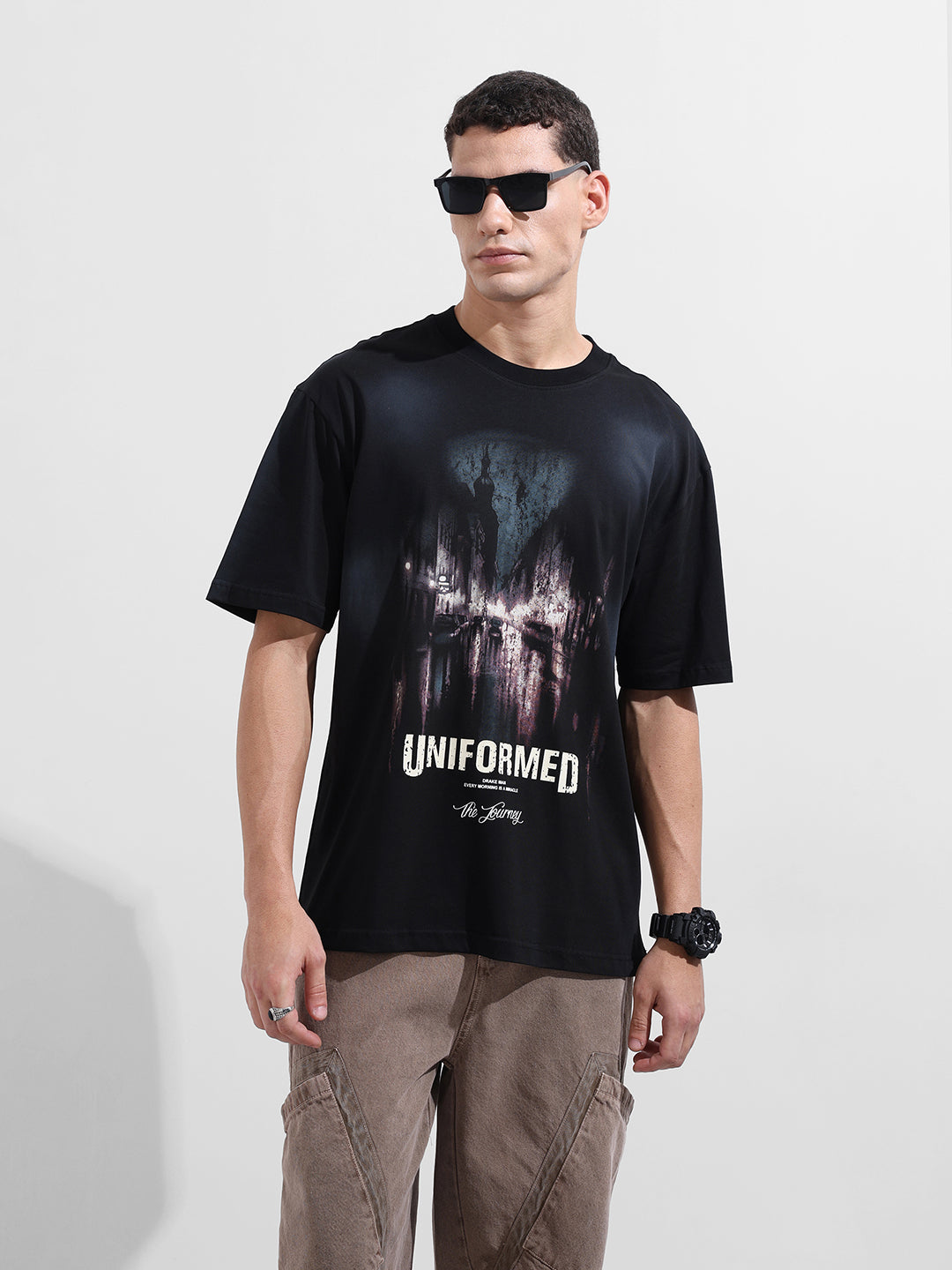 Men's Black Relaxed Fit Graphic Street Wear T-Shirt