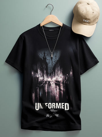 Men's Black Relaxed Fit Graphic Printed 240 GSM Street Wear T-Shirt