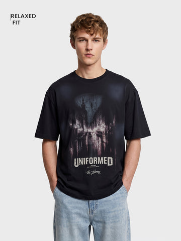 Men's Black Relaxed Fit Graphic Printed 240 GSM Street Wear T-Shirt