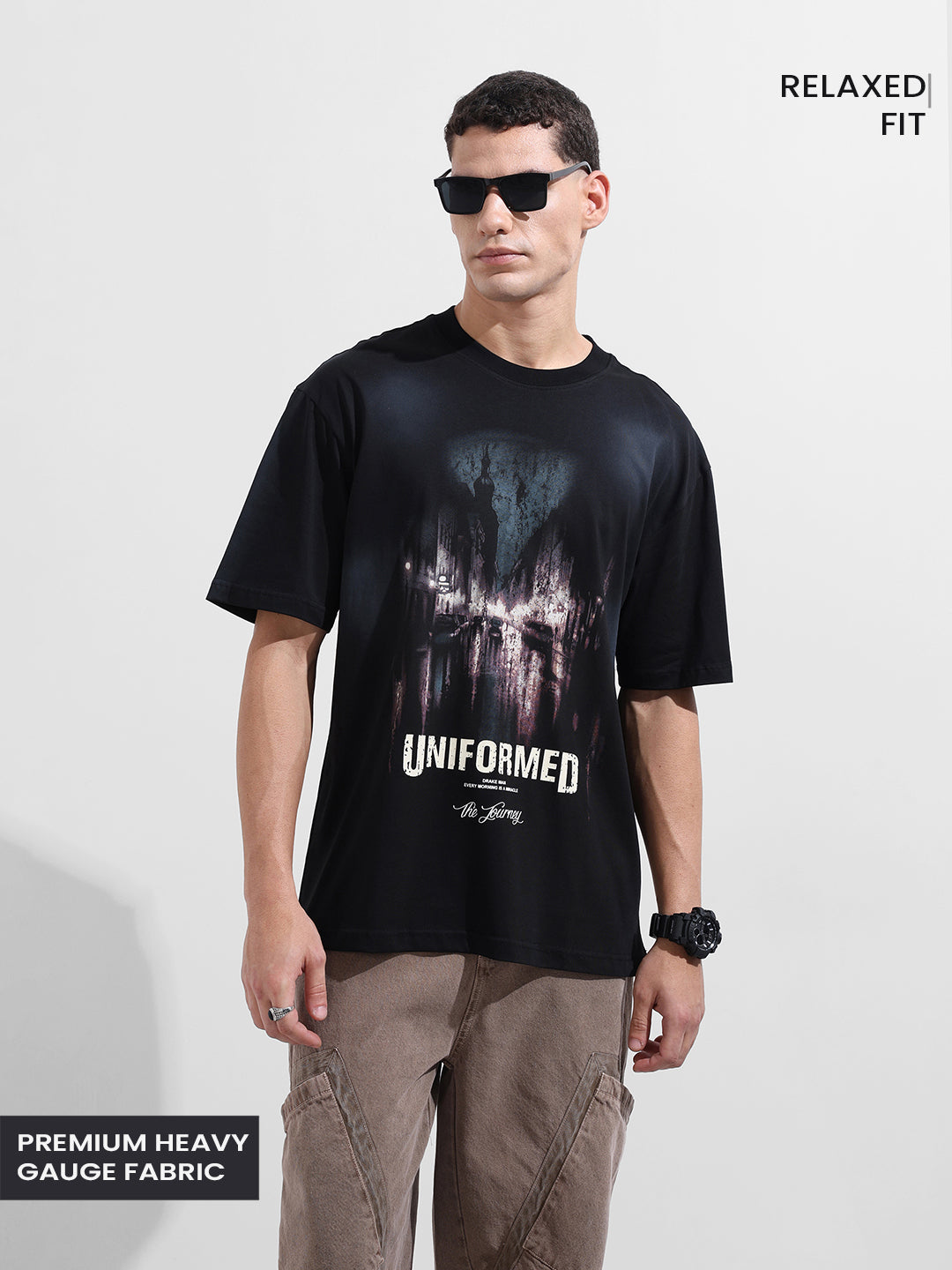 Men's Black Relaxed Fit Graphic Street Wear T-Shirt