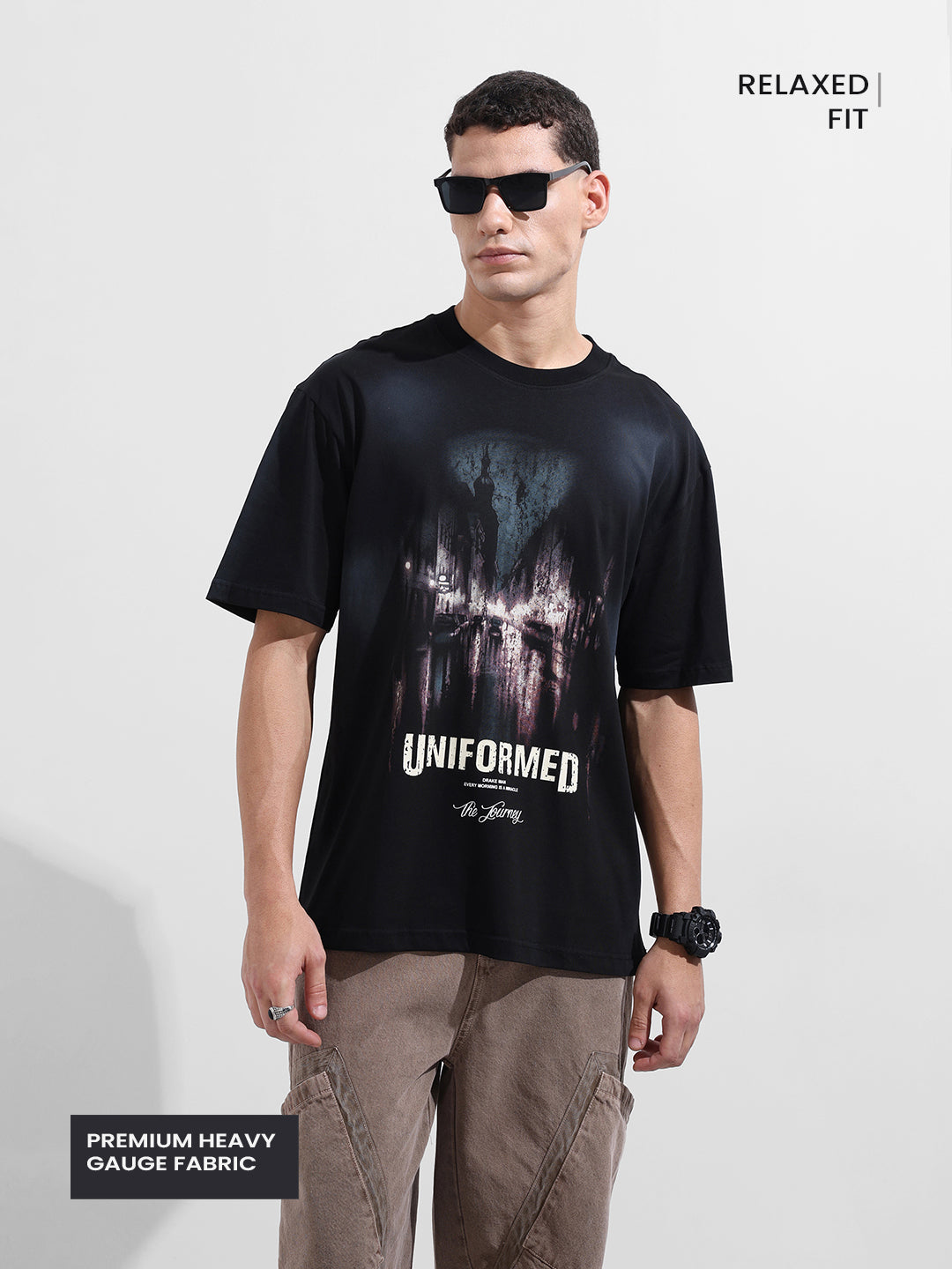 Men's Black Relaxed Fit Graphic Street Wear T-Shirt