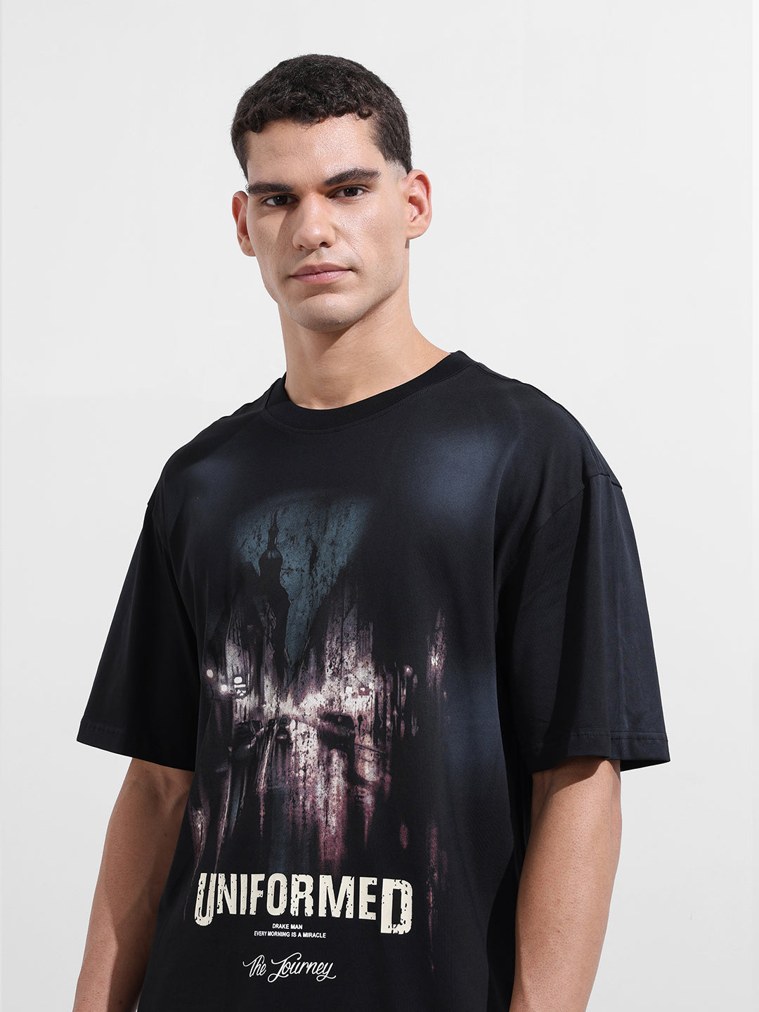 Men's Black Relaxed Fit Graphic Street Wear T-Shirt