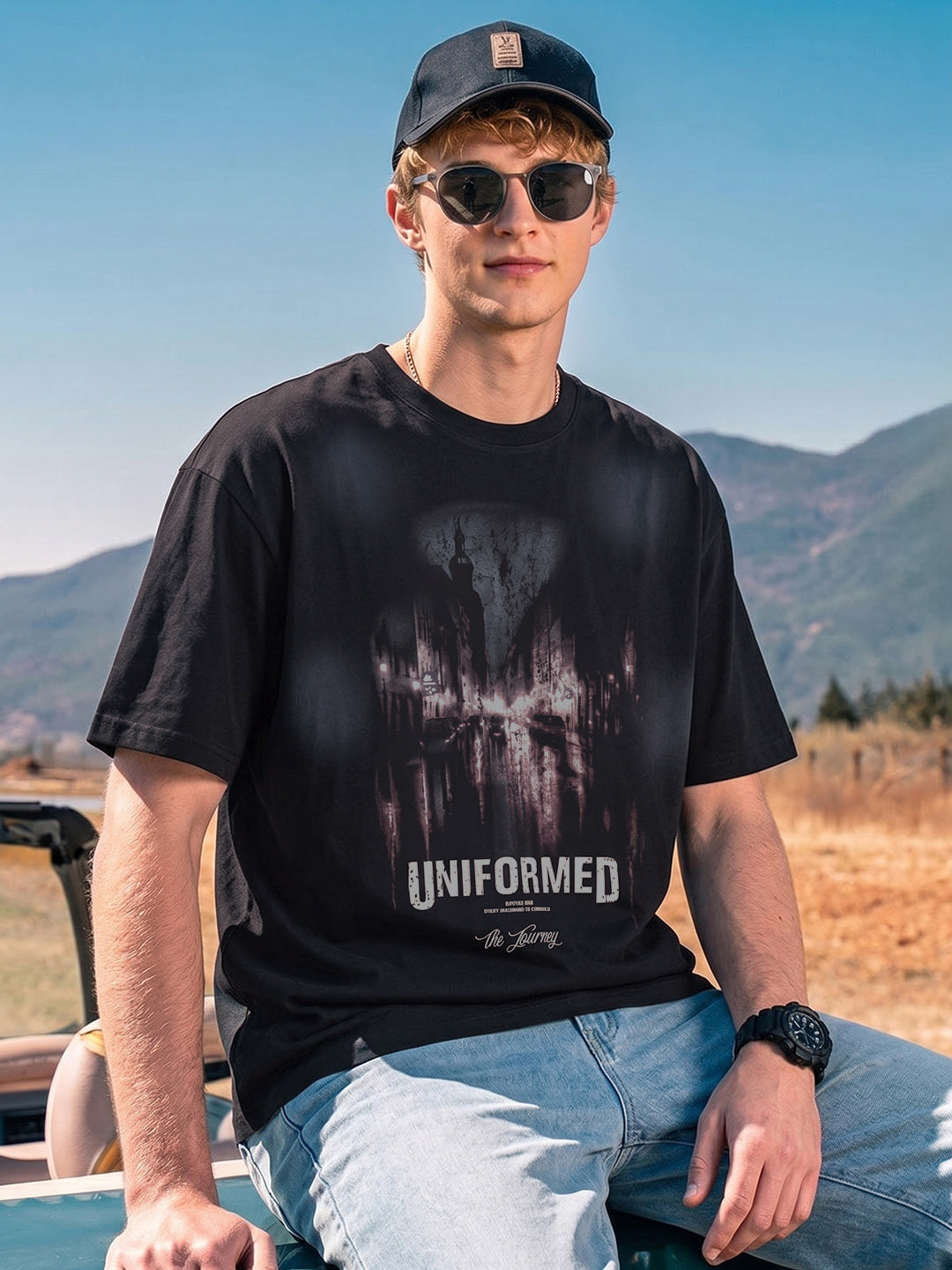 Men's Black Relaxed Fit Graphic Printed 240 GSM Street Wear T-Shirt