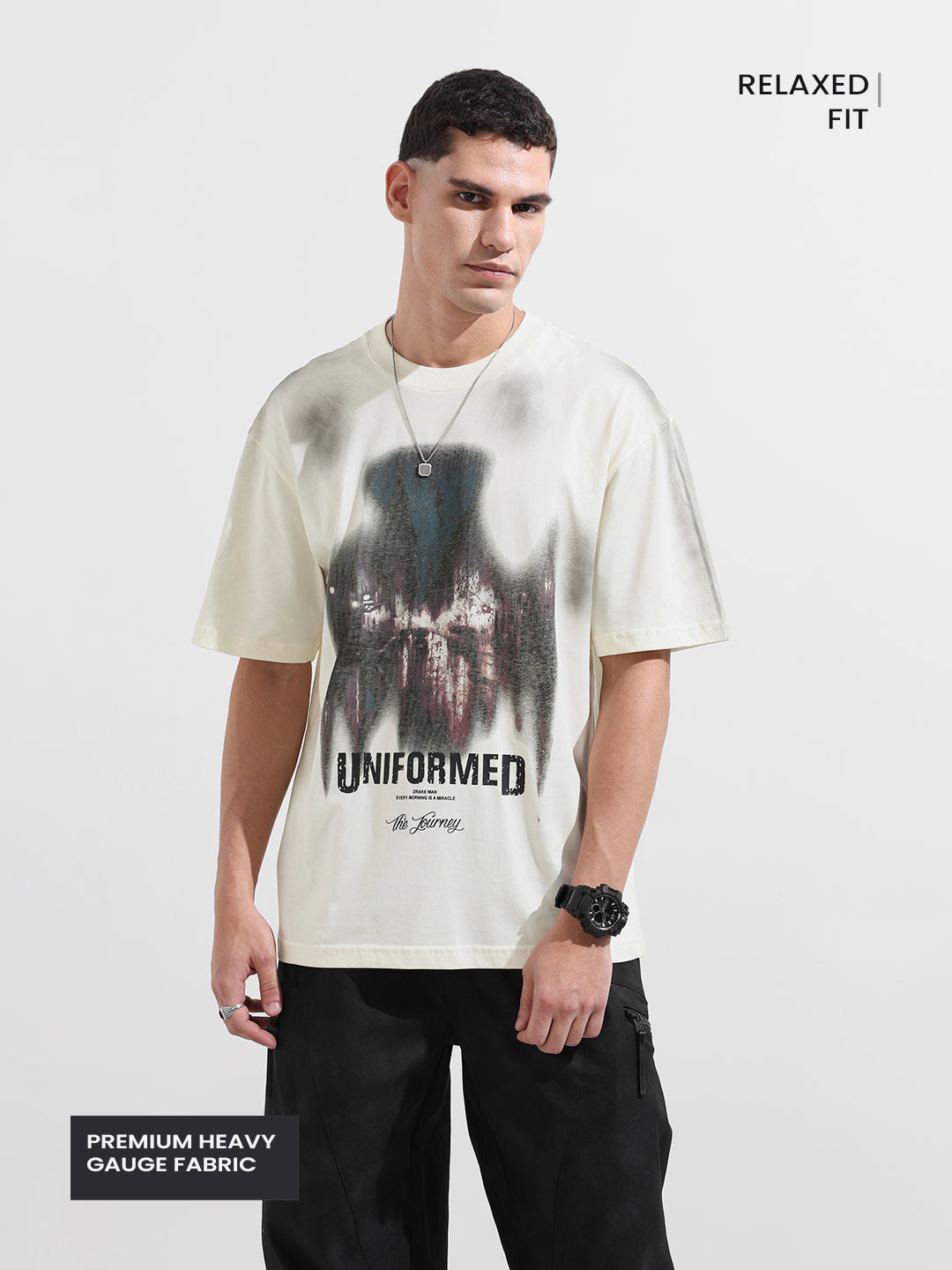 Men's Cream Relaxed Fit Graphic Street Wear T-Shirt