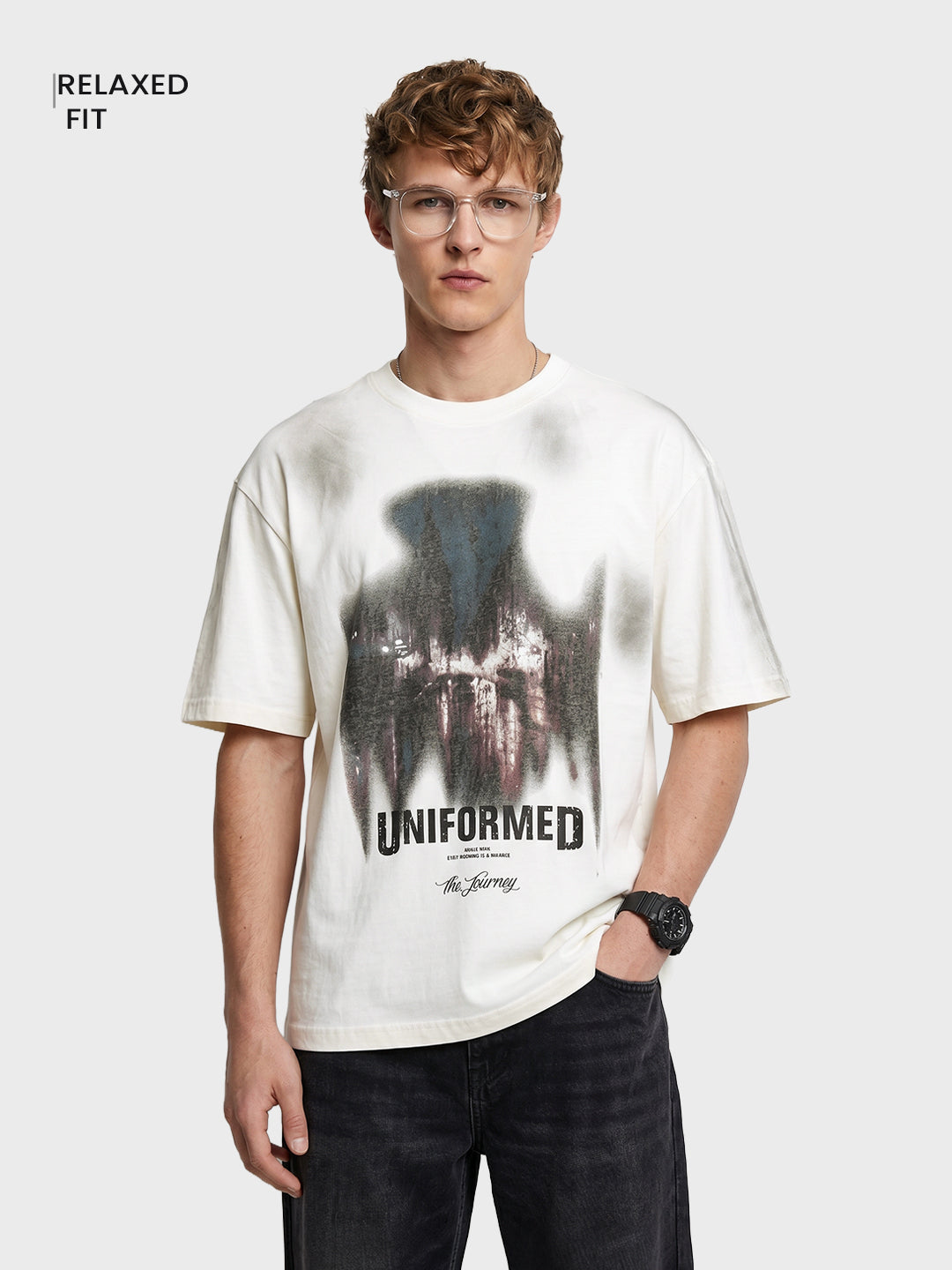 Men's Cream Relaxed Fit Graphic Printed 240 GSM Street Wear T-Shirt