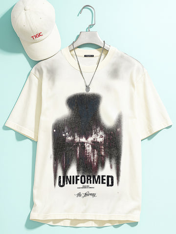 Men's Cream Relaxed Fit Graphic Printed 240 GSM Street Wear T-Shirt