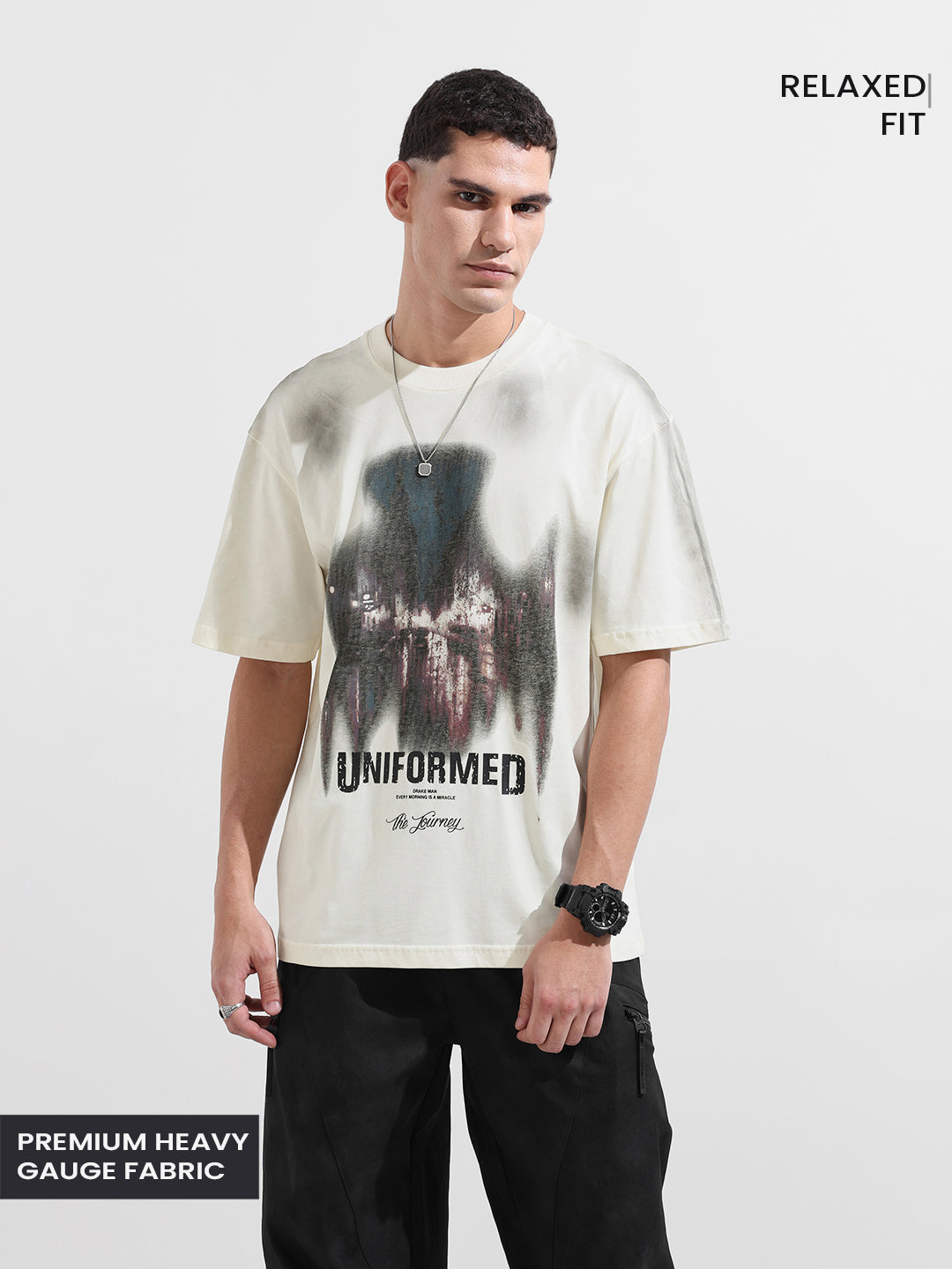 Men's Cream Relaxed Fit Graphic Street Wear T-Shirt