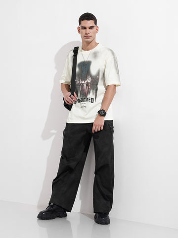 Men's Cream Relaxed Fit Graphic Street Wear T-Shirt
