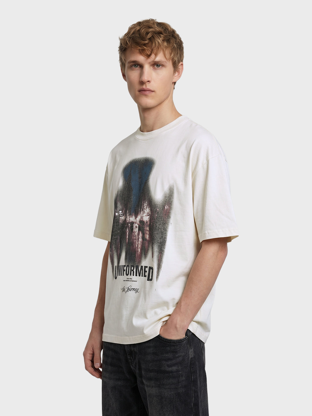Men's Cream Relaxed Fit Graphic Printed 240 GSM Street Wear T-Shirt