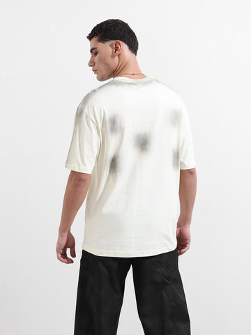Men's Cream Relaxed Fit Graphic Street Wear T-Shirt