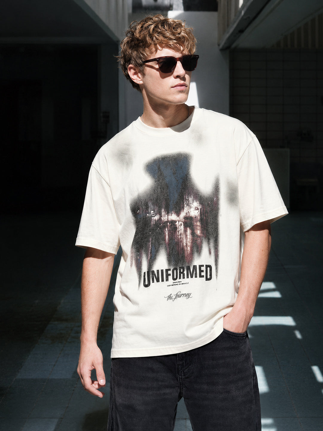 Men's Cream Relaxed Fit Graphic Printed 240 GSM Street Wear T-Shirt