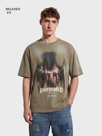 Men's Green Relaxed Fit Graphic Printed 240 GSM Street Wear T-Shirt