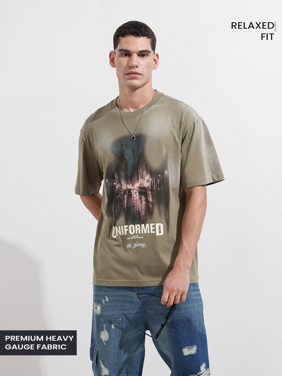 Men's Green Relaxed Fit Graphic Street Wear T-Shirt