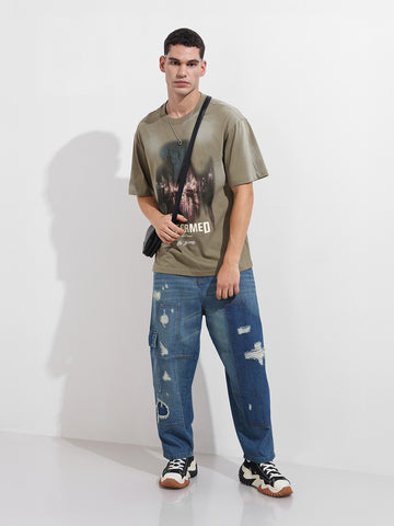 Men's Green Relaxed Fit Graphic Street Wear T-Shirt