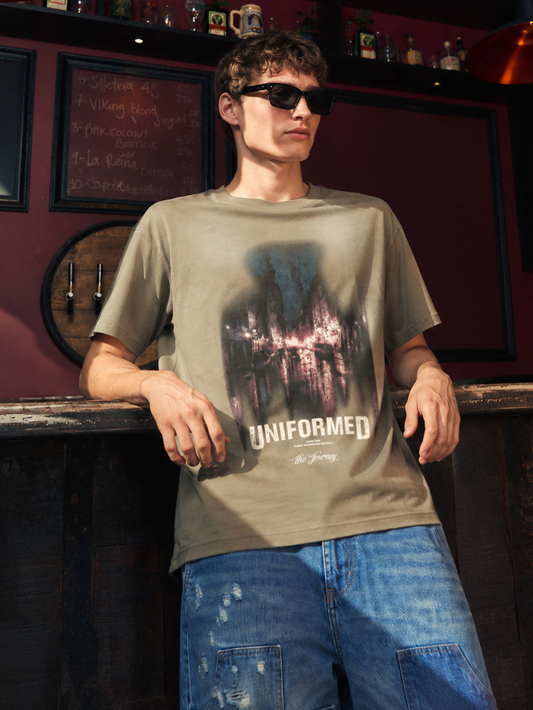 Men's Green Relaxed Fit Graphic Printed 240 GSM Street Wear T-Shirt